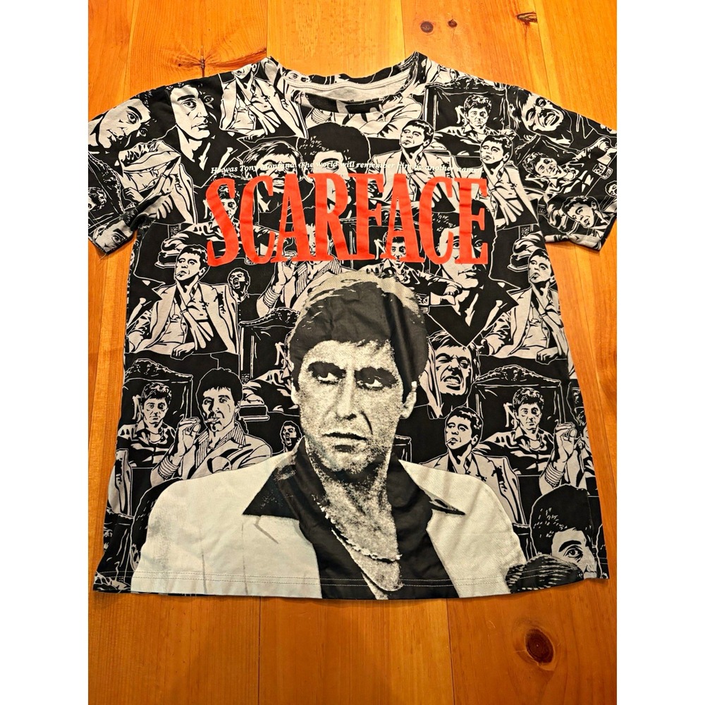 Scarface Tony Montana All Over Print T Shirt Men's L 100% Cotton Black Movie